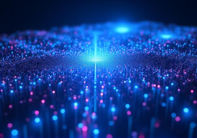 Abstract visualization of data flowing into a structured architectural grid